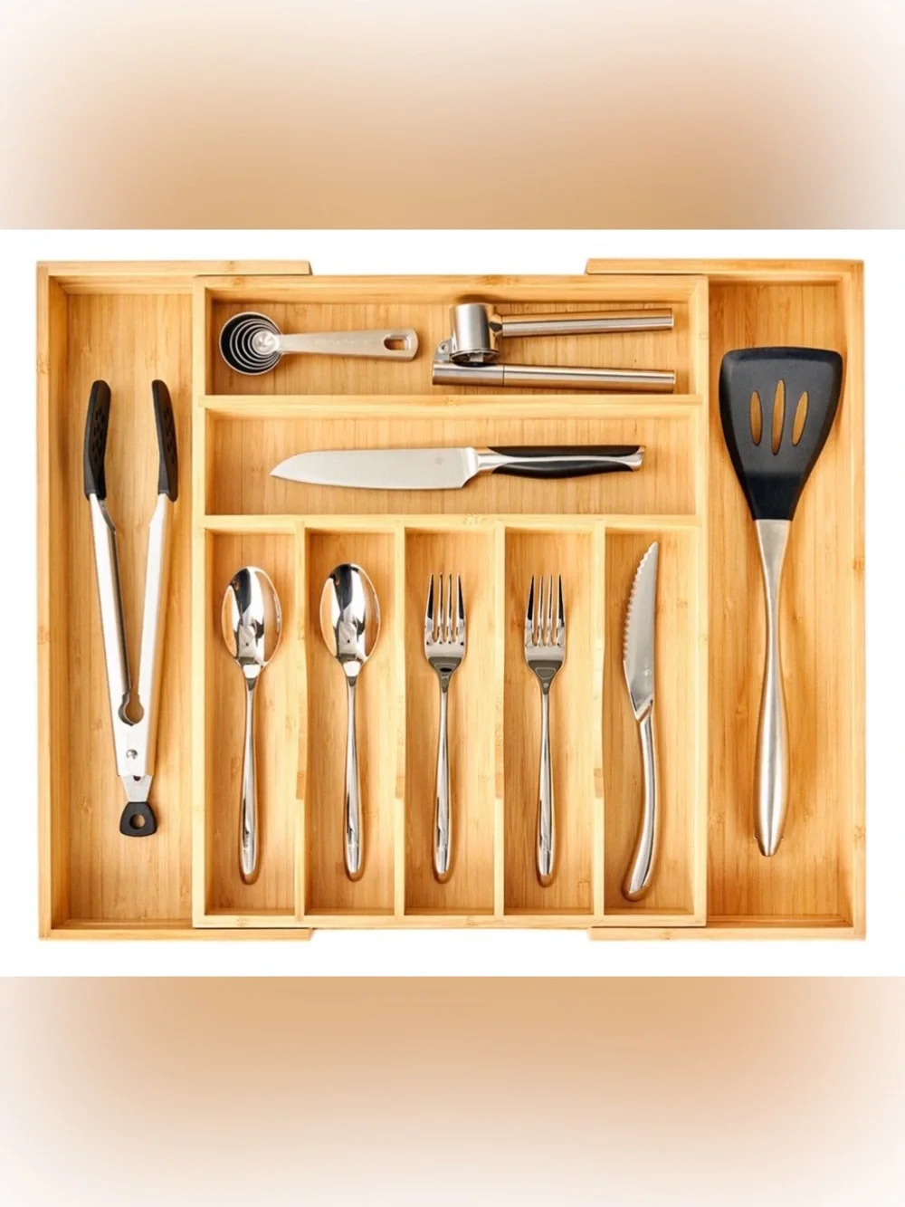 Solid Bamboo Expandable Drawer Organizer for Kitchen Utensils